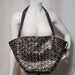 Designed by Isobel USA Studded Oversized Tote Braided Straps Black Gold Tassel